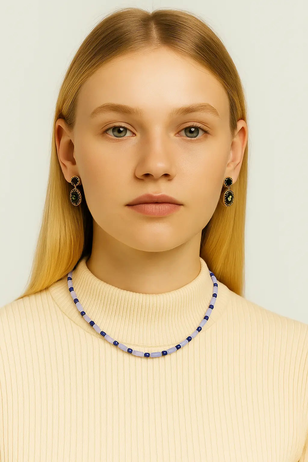 Model wearing Ancient Lapis Lazuli Celeste Choker Necklace with blue beads and gold accents