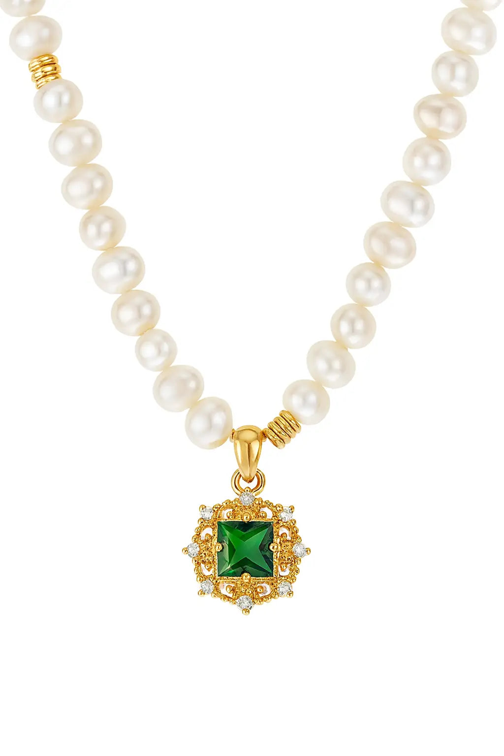 S925 pearl necklace antique-gold bezel and green square stone