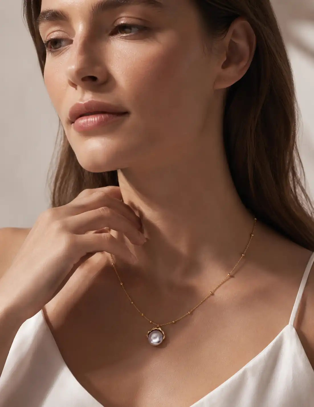 Close-up of the Ashtead Pearl Pendant Necklace with a gold chain and round pearl pendant, styled on the neckline as a minimalist pearl necklace for women.