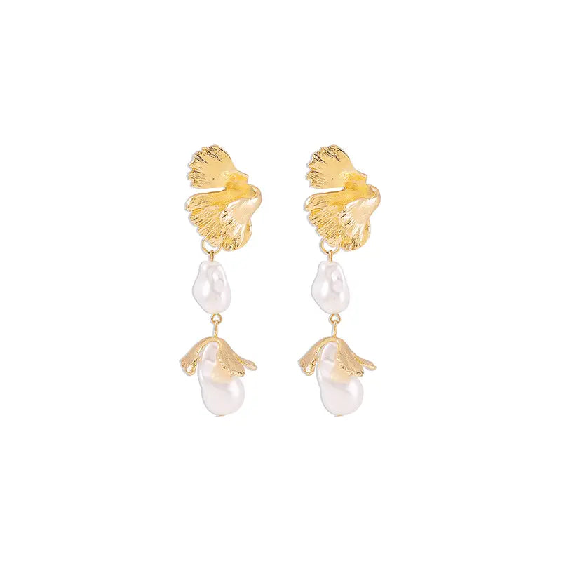 Gold ginkgo leaf earrings with baroque pearl and teardrop pendant hanging below