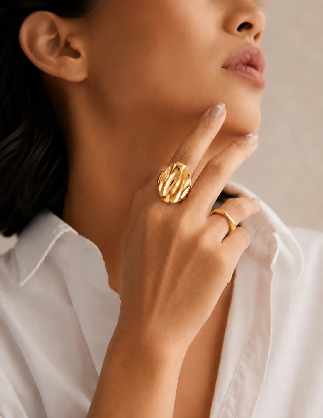 Harlesden Ring gold ring styled on hand, simple jewellery rings for women and everyday UK ring jewellery by Anais & Aimee.