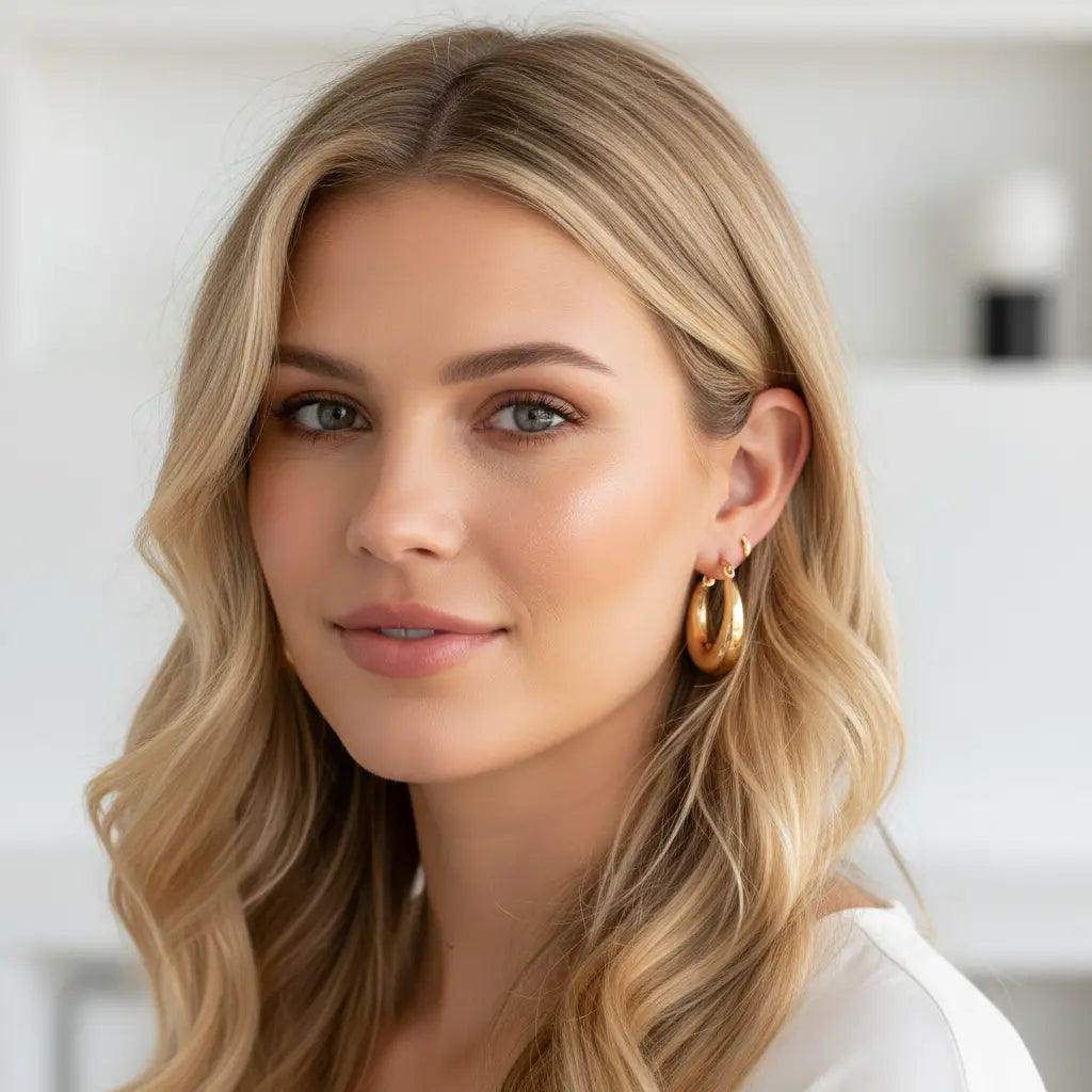 Woman with blonde hair and gold hoop earrings against a neutral background