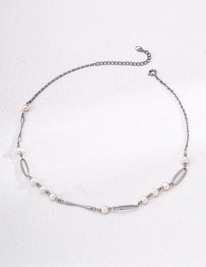 Kingsbury silver freshwater pearl necklace with sterling silver chain, overhead view