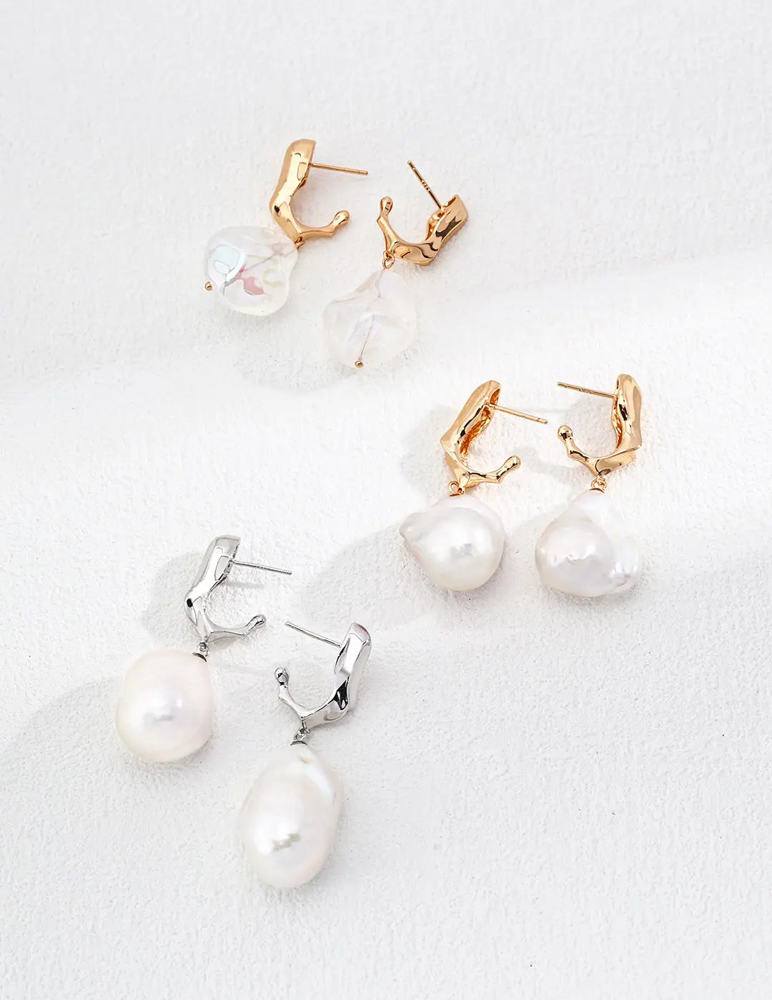 Anaïs & Aimee Lumière Baroque Pearl Earrings in silver and gold with natural pearls.