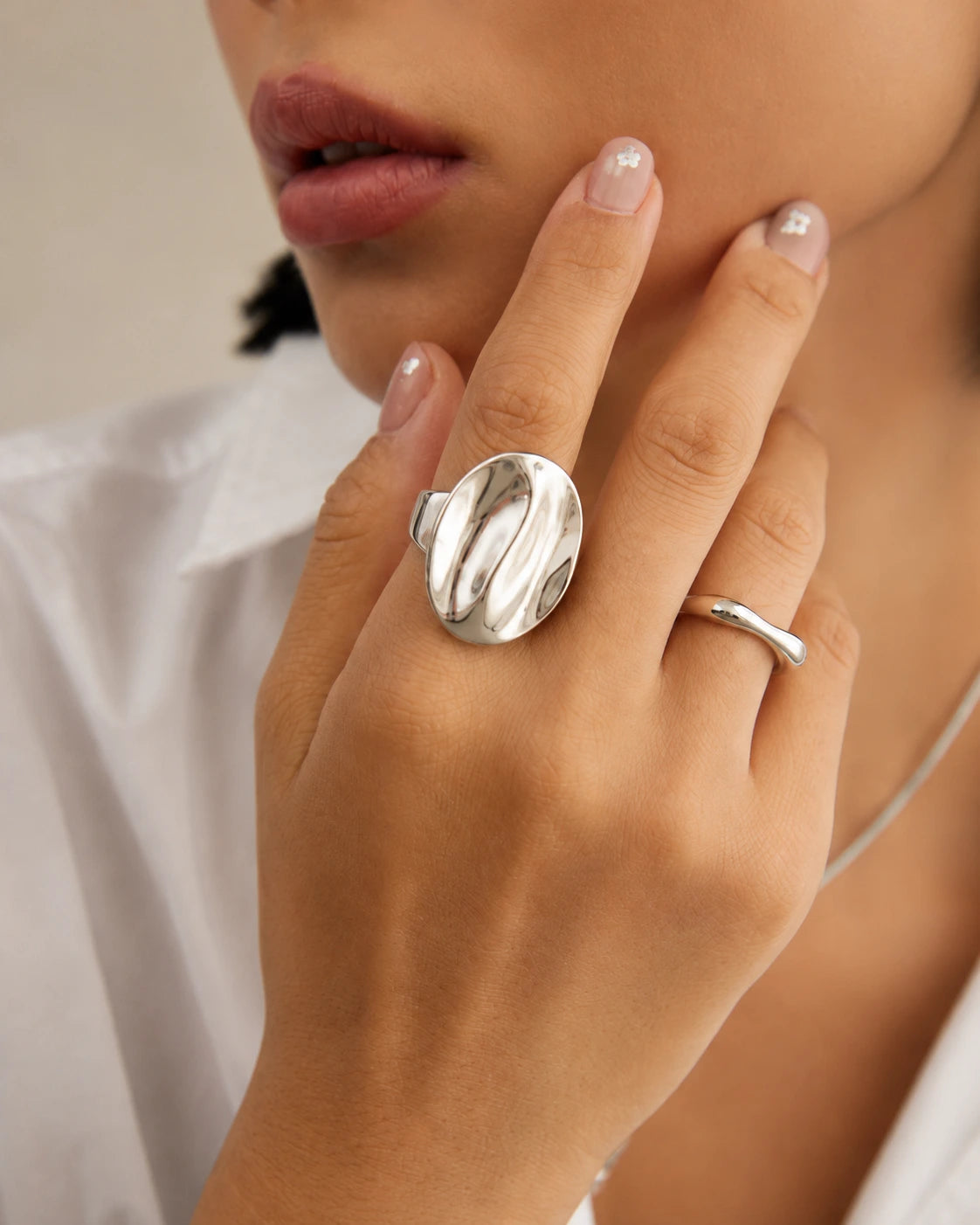 Silver Harlesden Ring styled with white shirt, simple UK ring jewellery for everyday outfits.