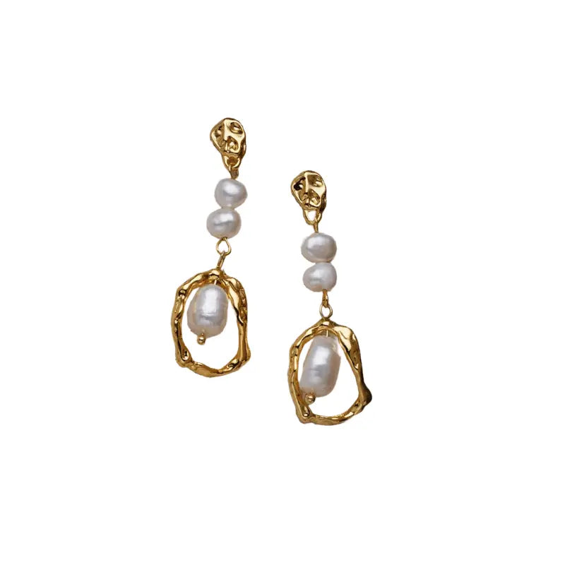 Anais & Aimee Baroque Pearl Drop Earrings in Ornate Gold Frame