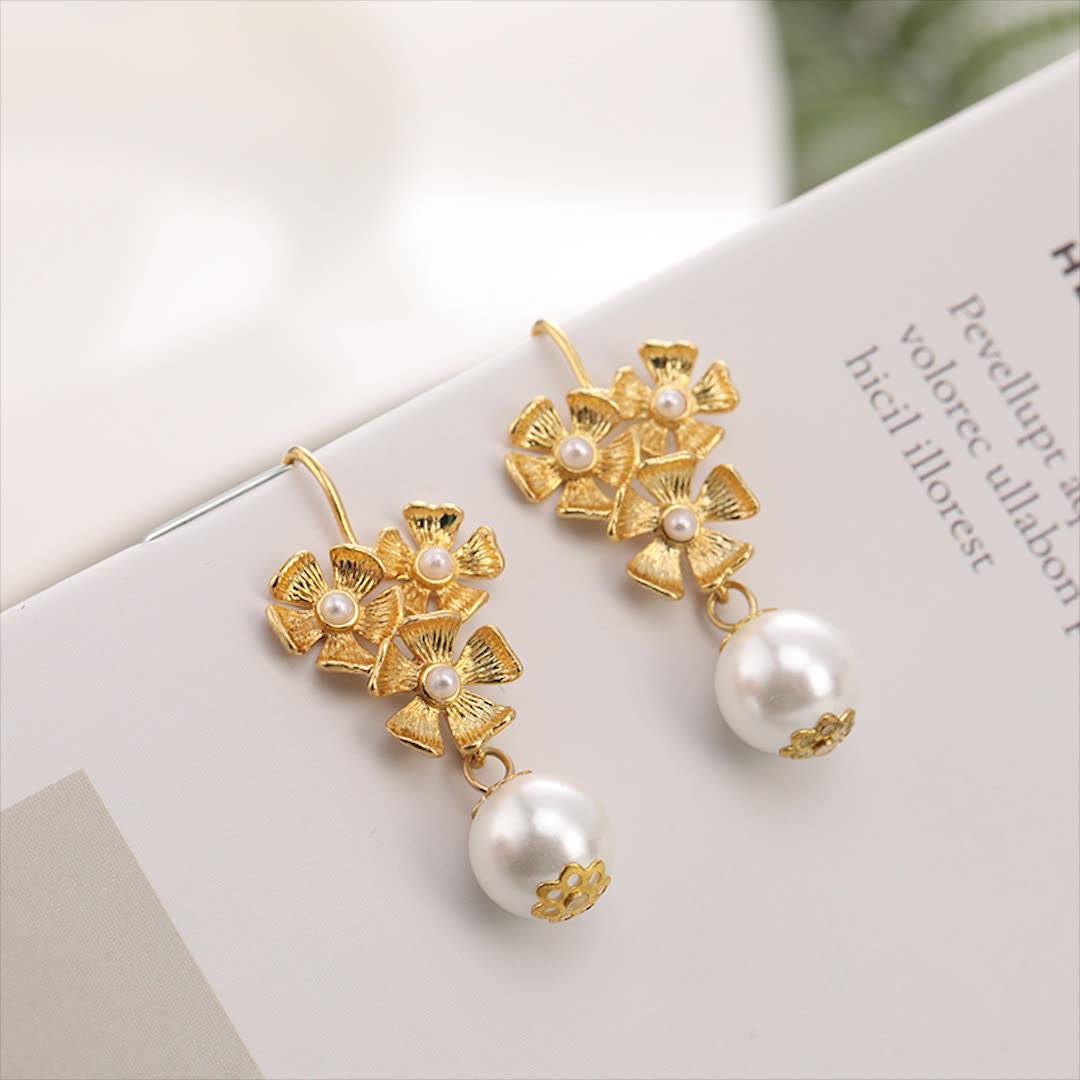 Floral Motif Gold Plated Pearl Drop Earrings Online
