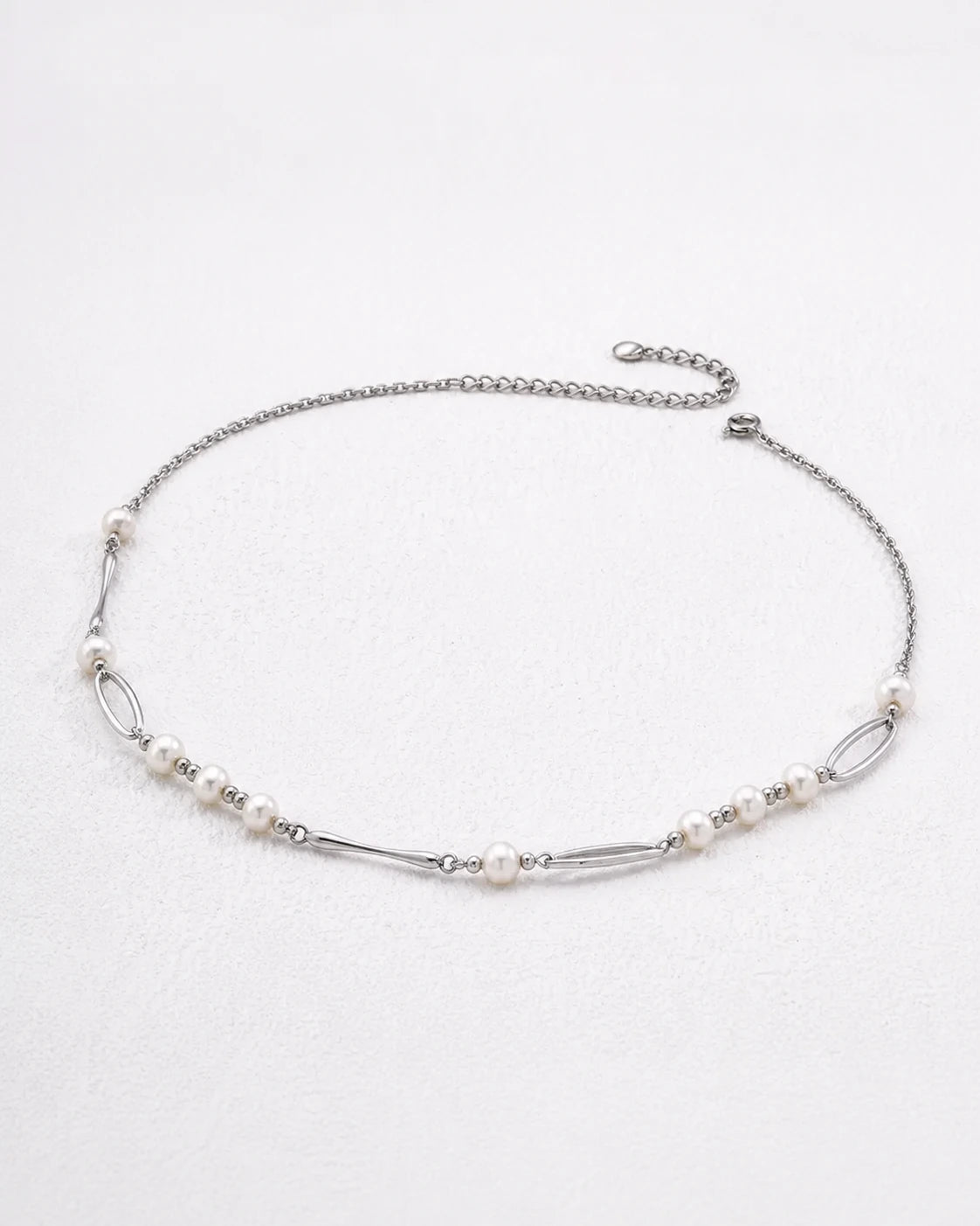 Kingsbury sterling silver pearl necklace for women, left three-quarter view