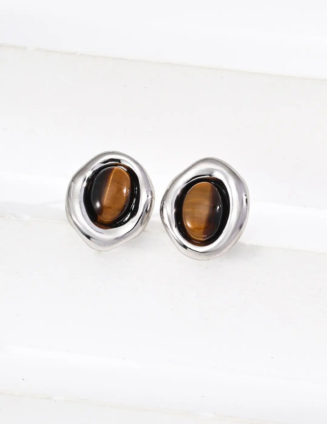 Luxury Tiger’s Eye Earrings by Anaïs & Aimee in sterling silver with vintage gold finish.